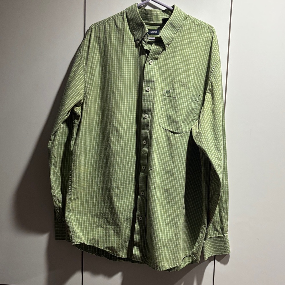 Izod Green Plaid Casual Button-Down Shirt 100% Cotton XLT‎